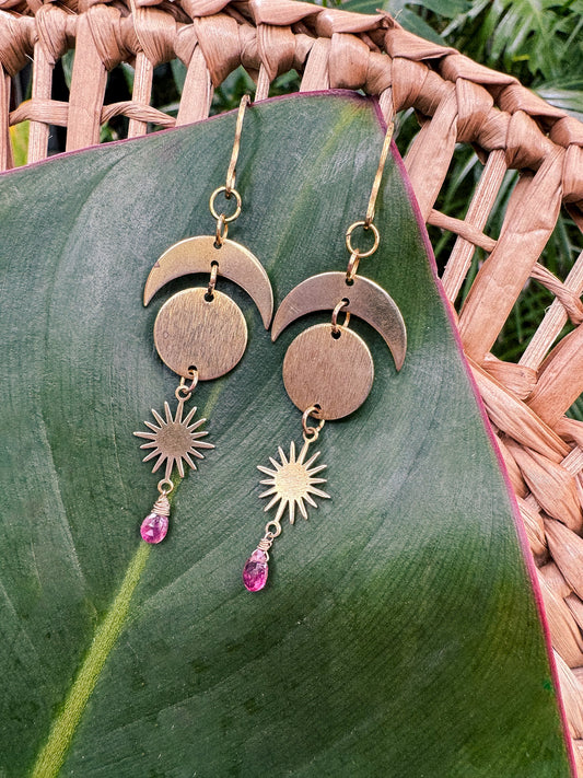 Pink Tourmaline Moon & Stars Earrings