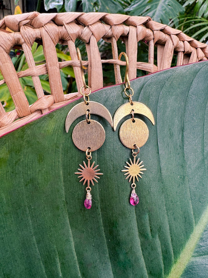 Pink Tourmaline Moon & Stars Earrings